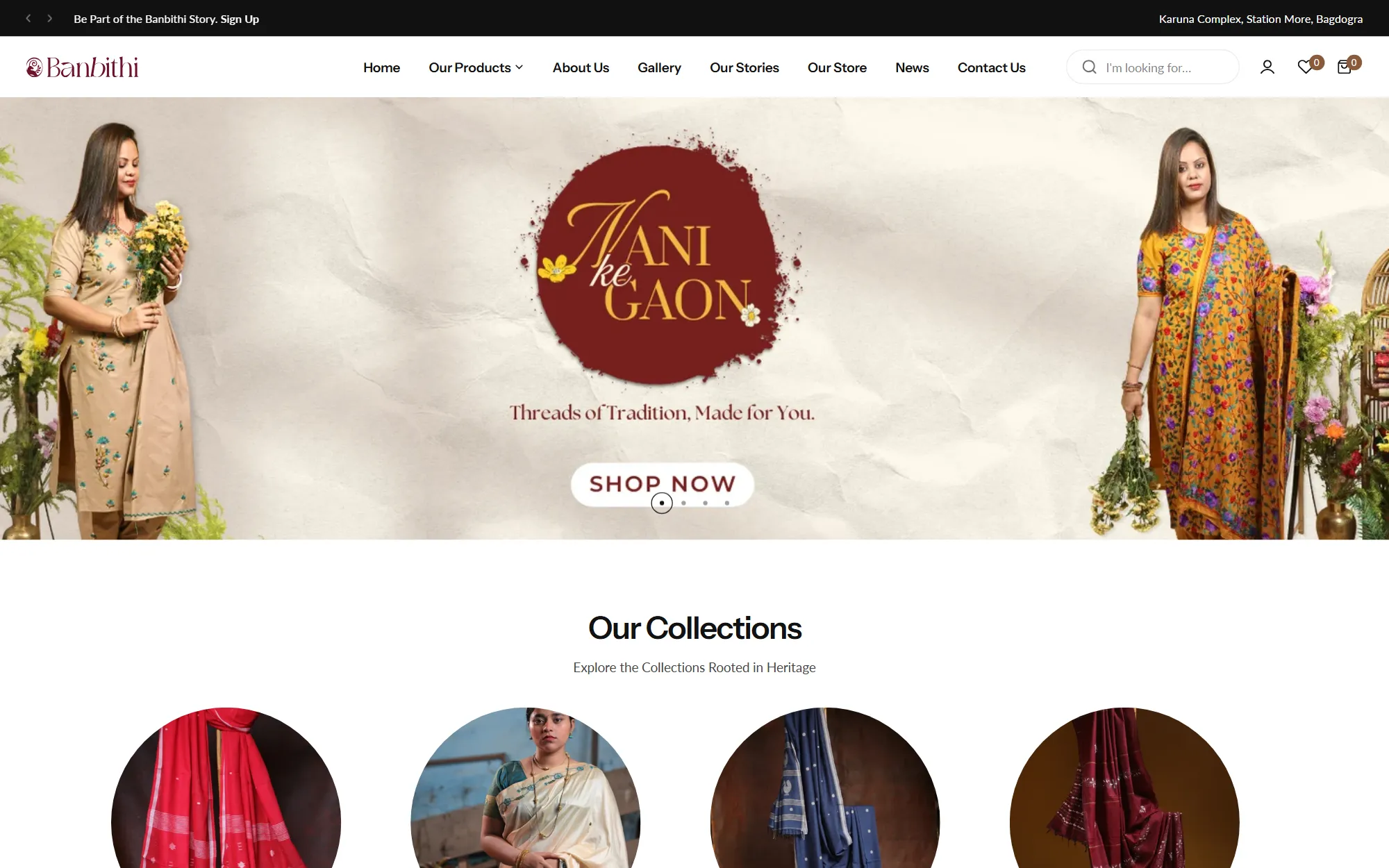 Banbithi store homepage with its ‘Mani ke Gaon’ collection banner