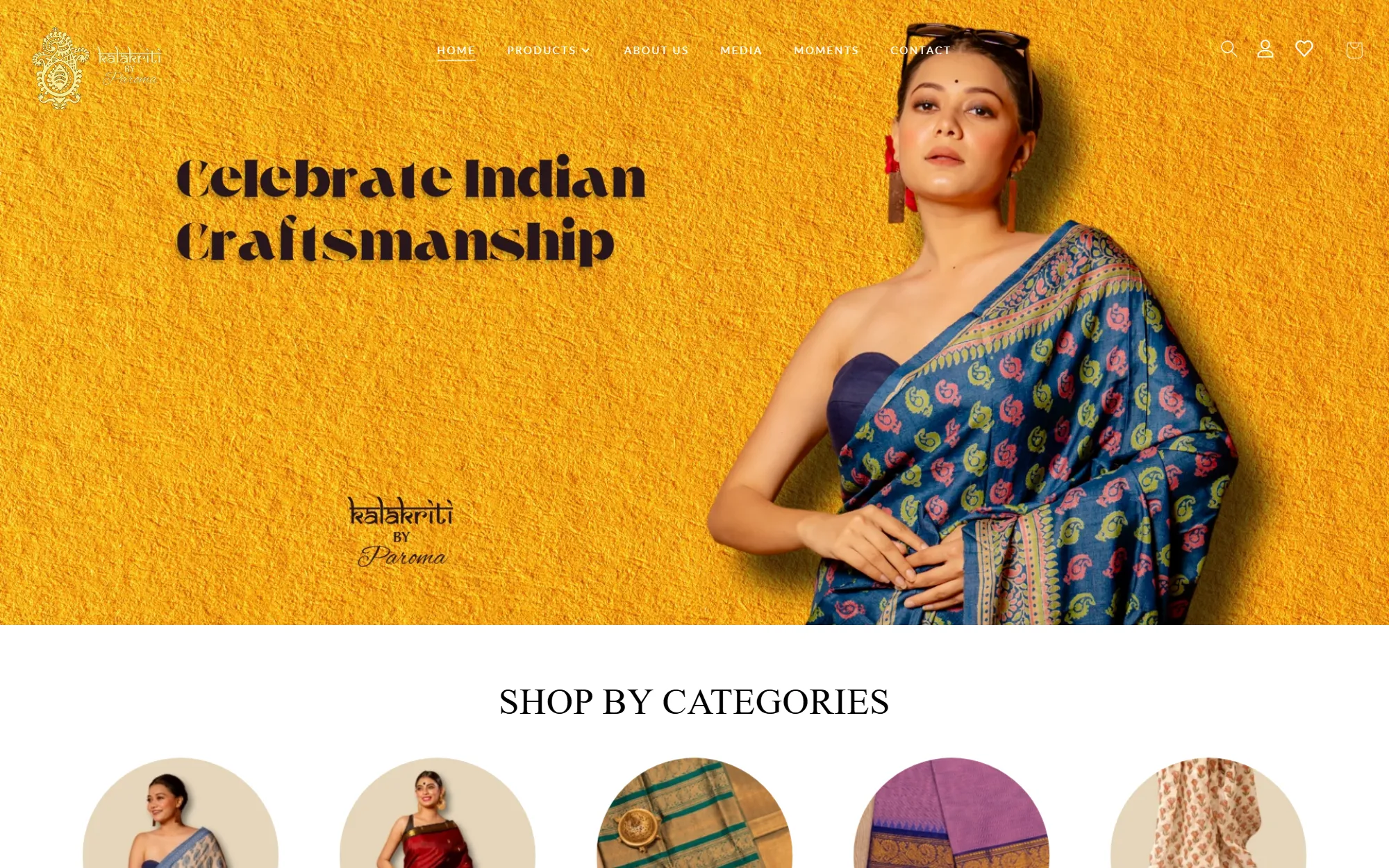 Kalakriti by Paroma’s Shopify store homepage with a ‘Celebrate Indian craftsmanship’ banner