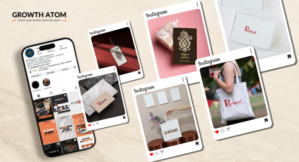 Custom fashion packaging set by Growth Atom including branded boxes, clothing tags, cotton bags, and business cards.