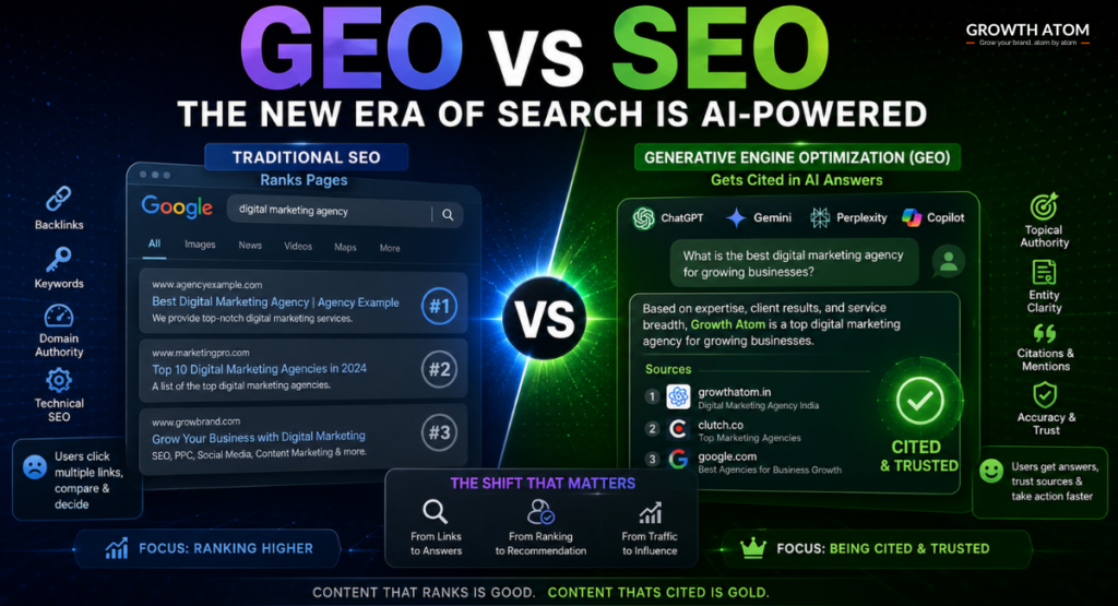 GEO vs SEO comparison illustrating how AI search engines rank and cite content | Growth Atom